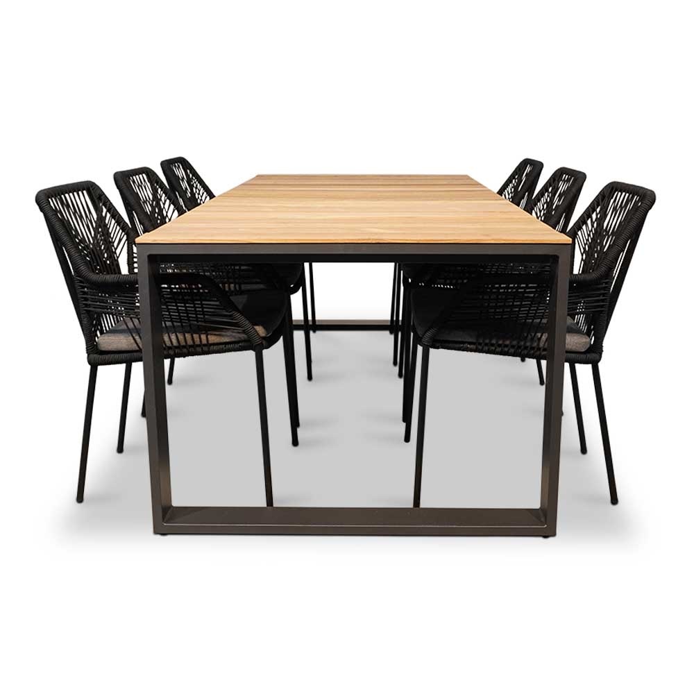 Atlanta/Seville zwart dining tuinset 7-delig | teakhout + touw | stapelbaar | 218cm