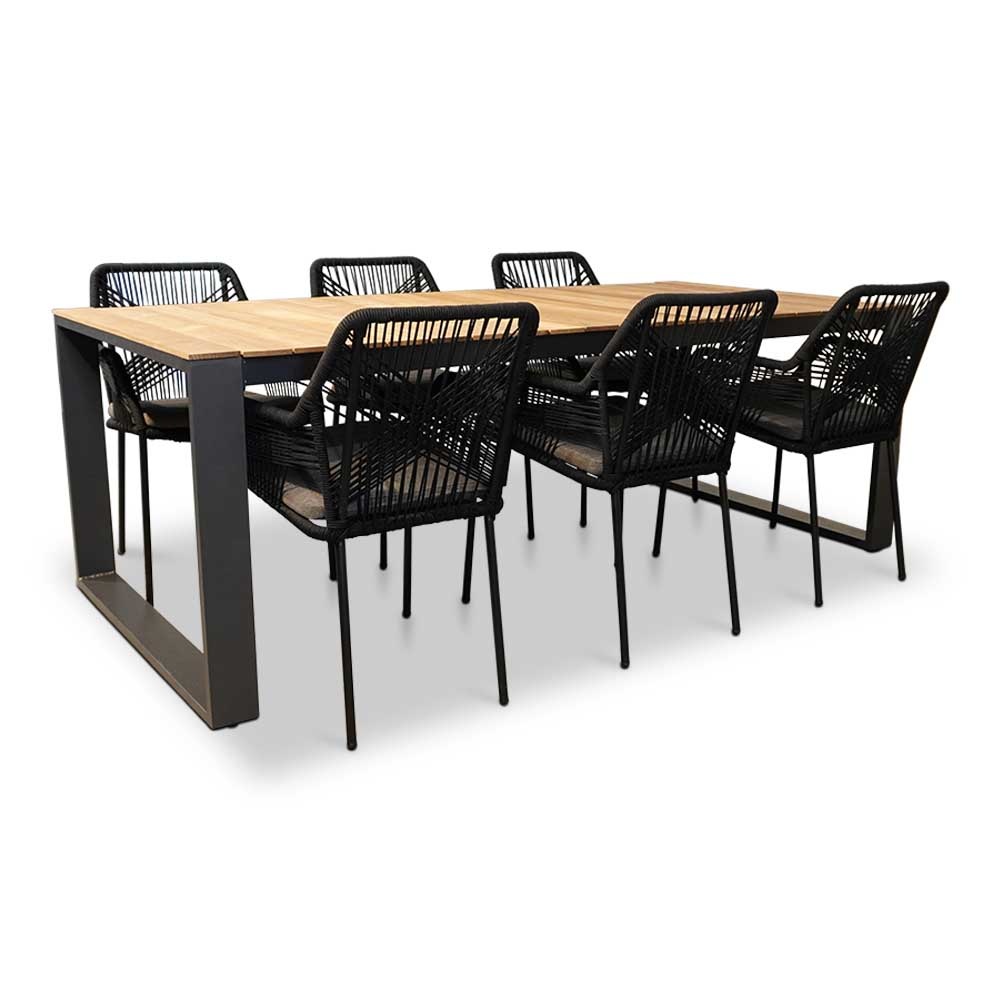 Atlanta/Seville zwart dining tuinset 7-delig | teakhout + touw | stapelbaar | 218cm