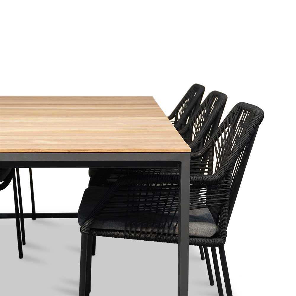 Atlanta/Seville zwart dining tuinset 7-delig | teakhout + touw | stapelbaar | 218cm