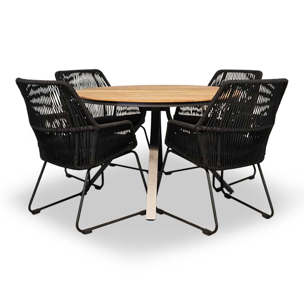 Dublin/Chester zwart dining tuinset 5-delig | teakhout + touw | 120cm