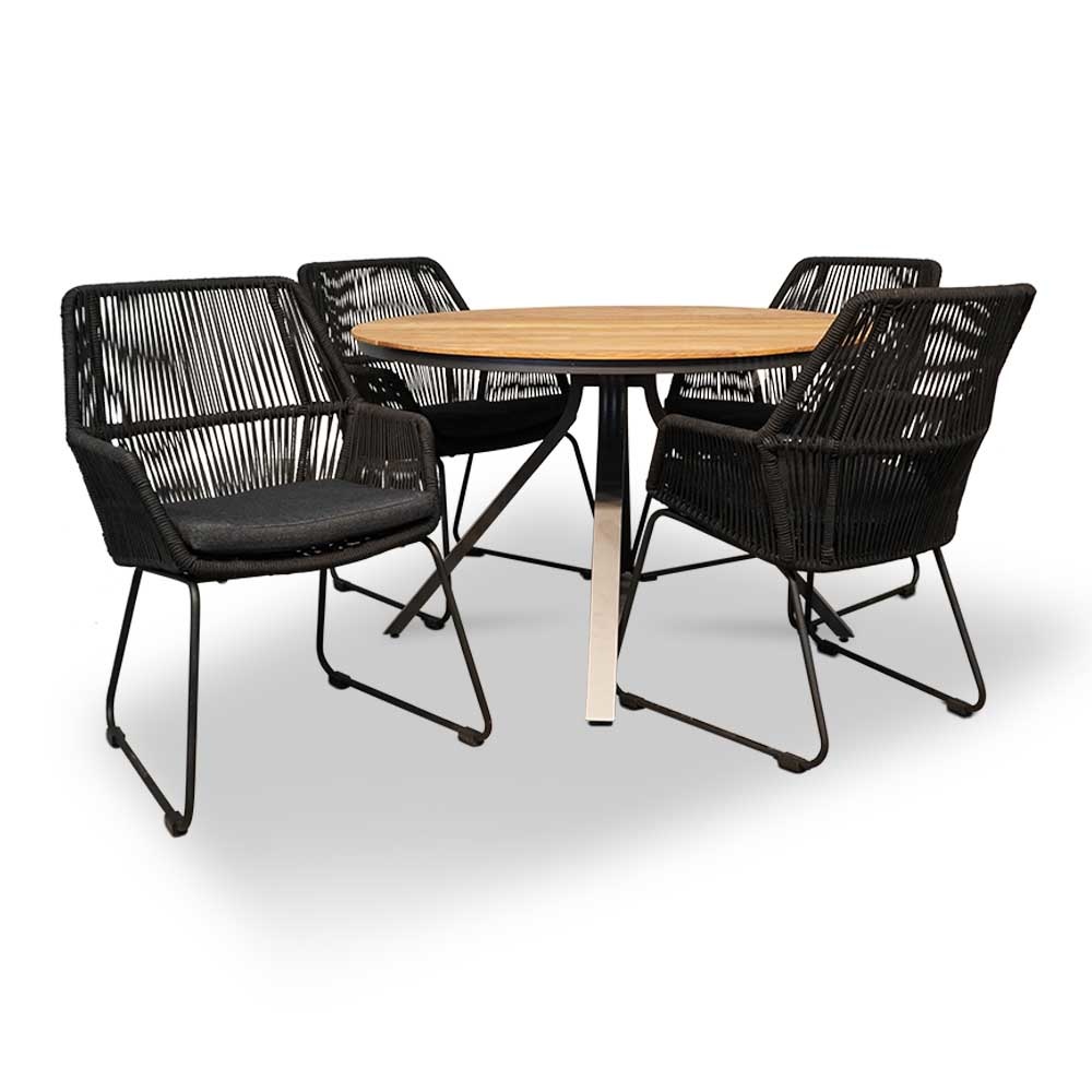 Dublin/Chester zwart dining tuinset 5-delig | teakhout + touw | 120cm