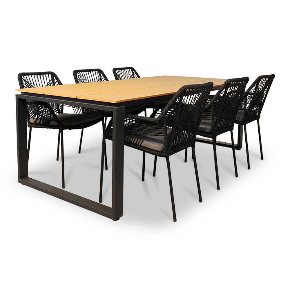 Helsinki Natural/Seville zwart dining tuinset 7-delig | polywood + touw | 210cm