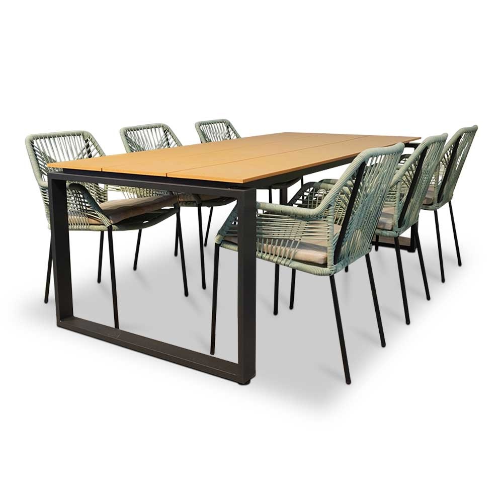 Helsinki Natural/Seville mint dining tuinset 7-delig | polywood + touw | 210cm