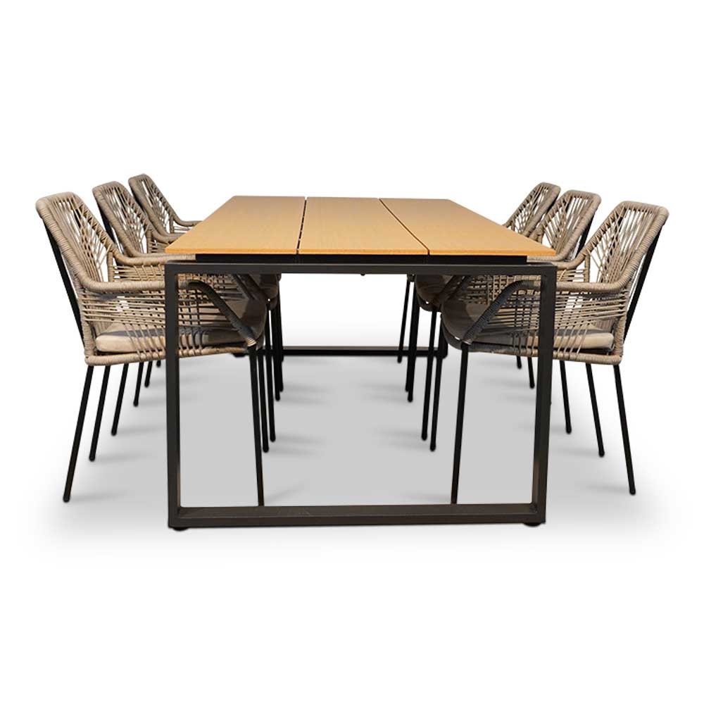 Helsinki Natural/Seville zand dining tuinset 7-delig | polywood + touw | 210cm