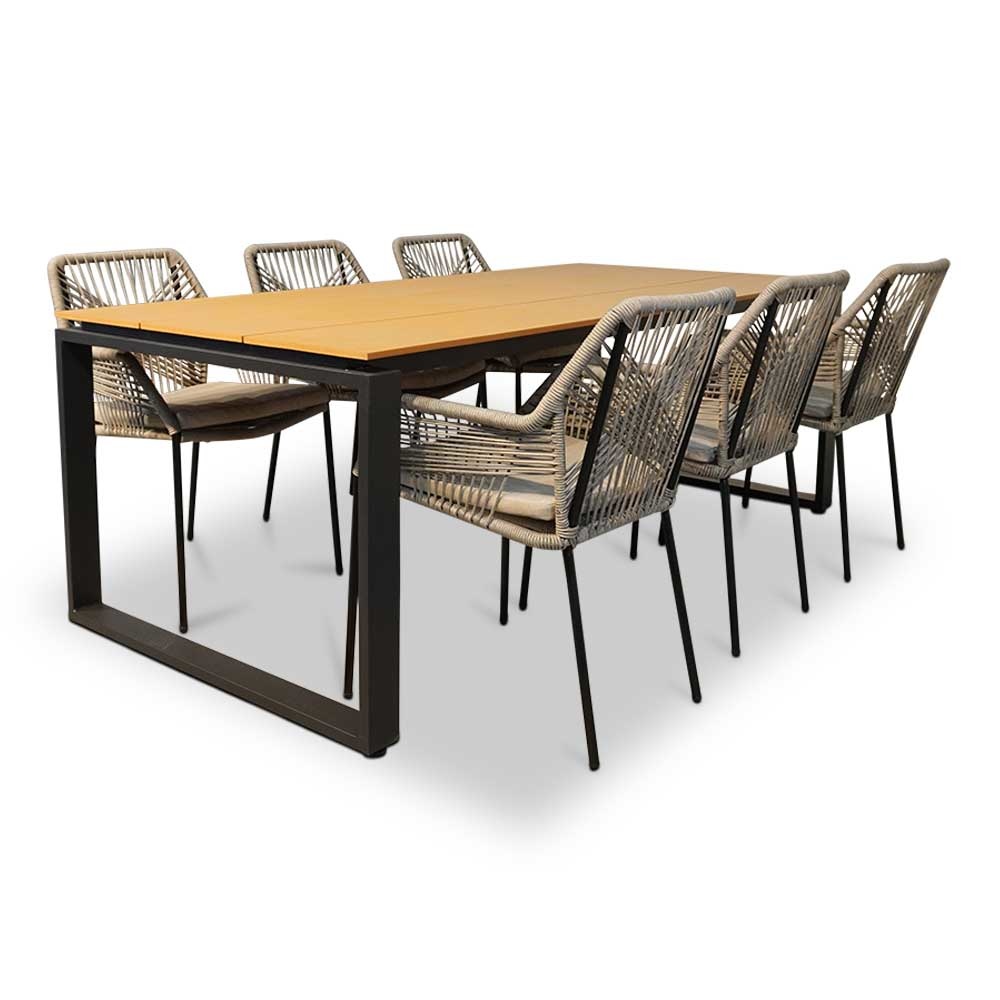 Helsinki Natural/Seville zand dining tuinset 7-delig | polywood + touw | 210cm