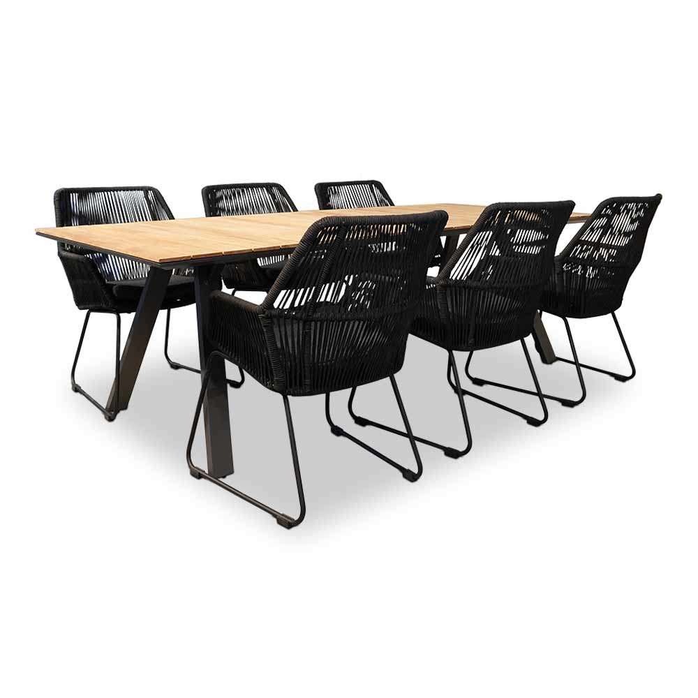 Nevada/Chester zwart dining tuinset 7-delig | teakhout + touw | 238cm