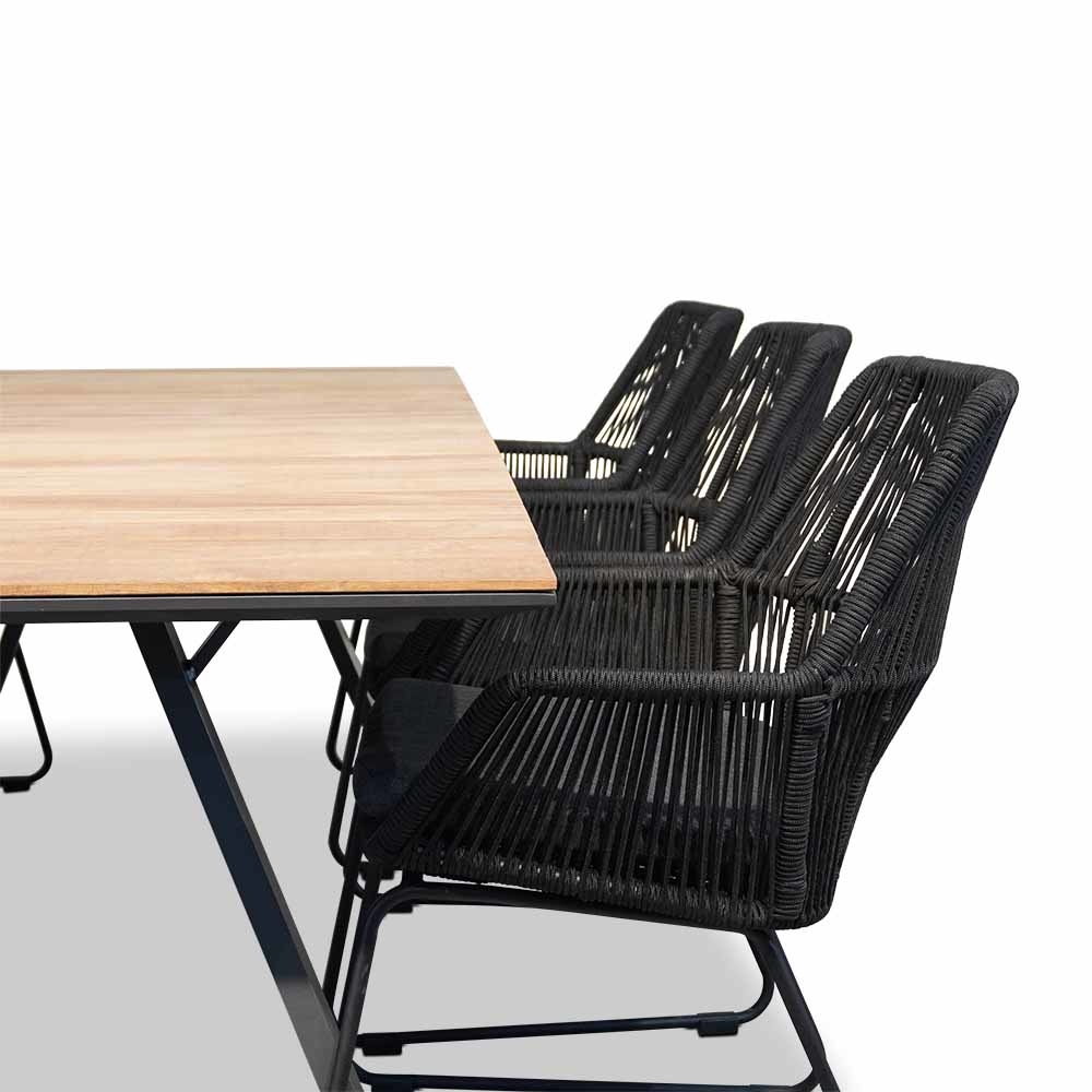 Nevada/Chester zwart dining tuinset 7-delig | teakhout + touw | 238cm