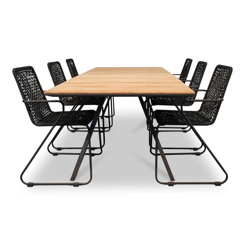 Nevada/Mendes zwart dining tuinset 7-delig | teakhout + touw | 238cm