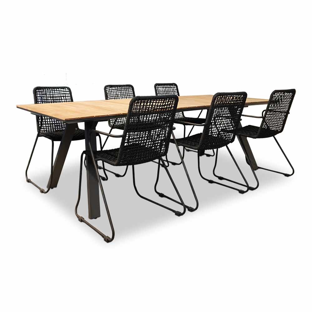 Nevada/Mendes zwart dining tuinset 7-delig | teakhout + touw | 238cm