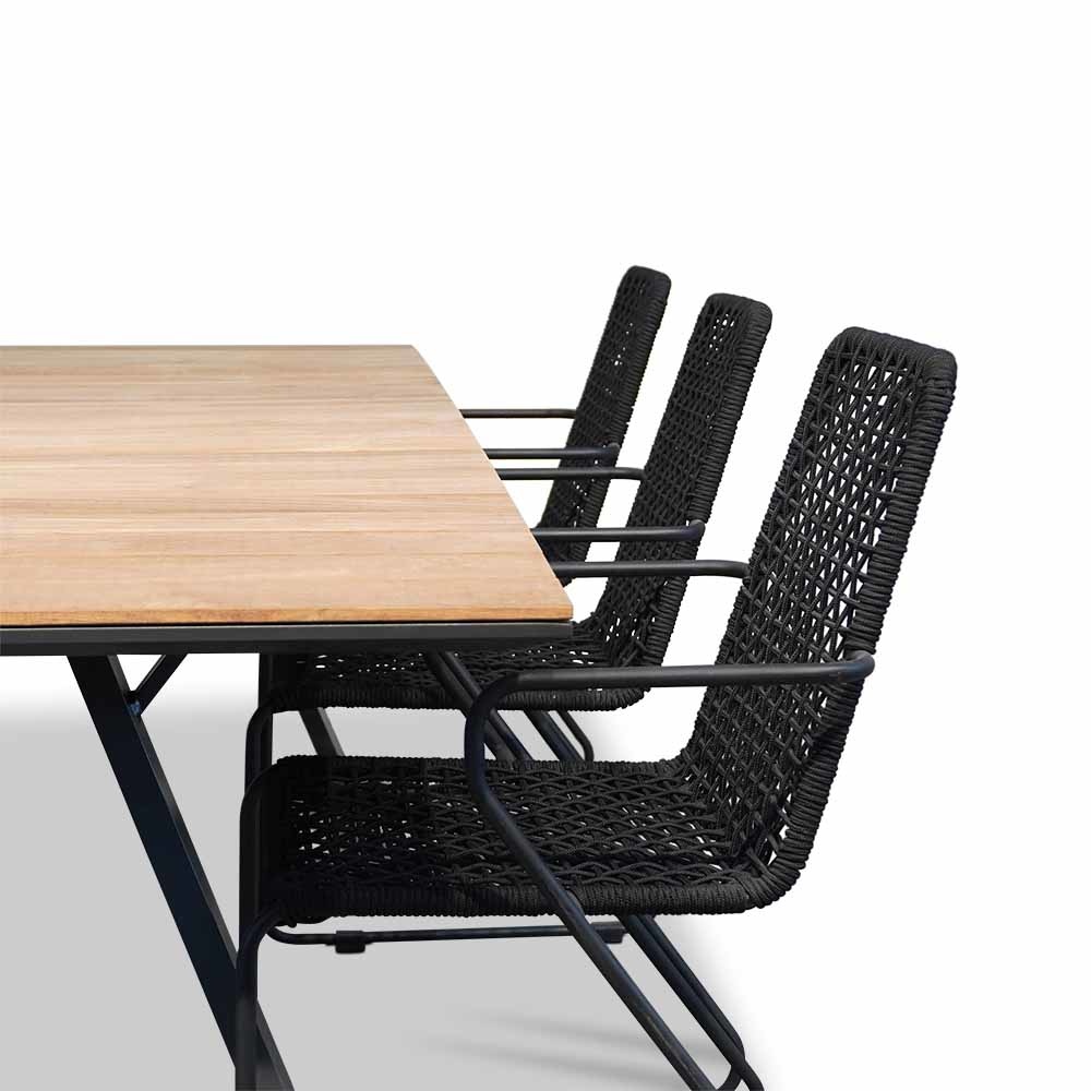 Nevada/Mendes zwart dining tuinset 7-delig | teakhout + touw | 238cm