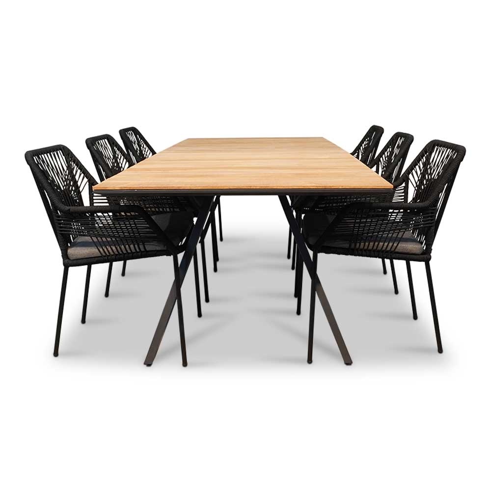 Nevada/Seville zwart dining tuinset 7-delig | teakhout + touw | 238cm