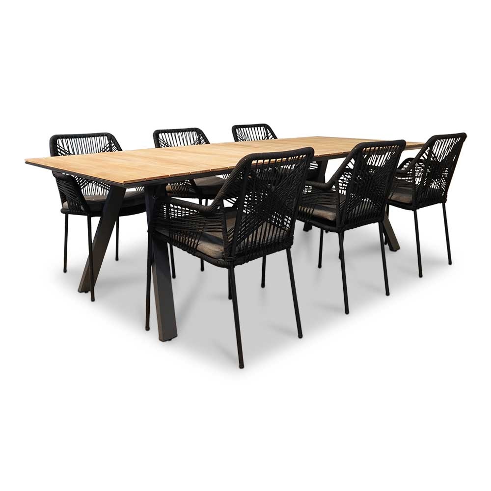 Nevada/Seville zwart dining tuinset 7-delig | teakhout + touw | 238cm