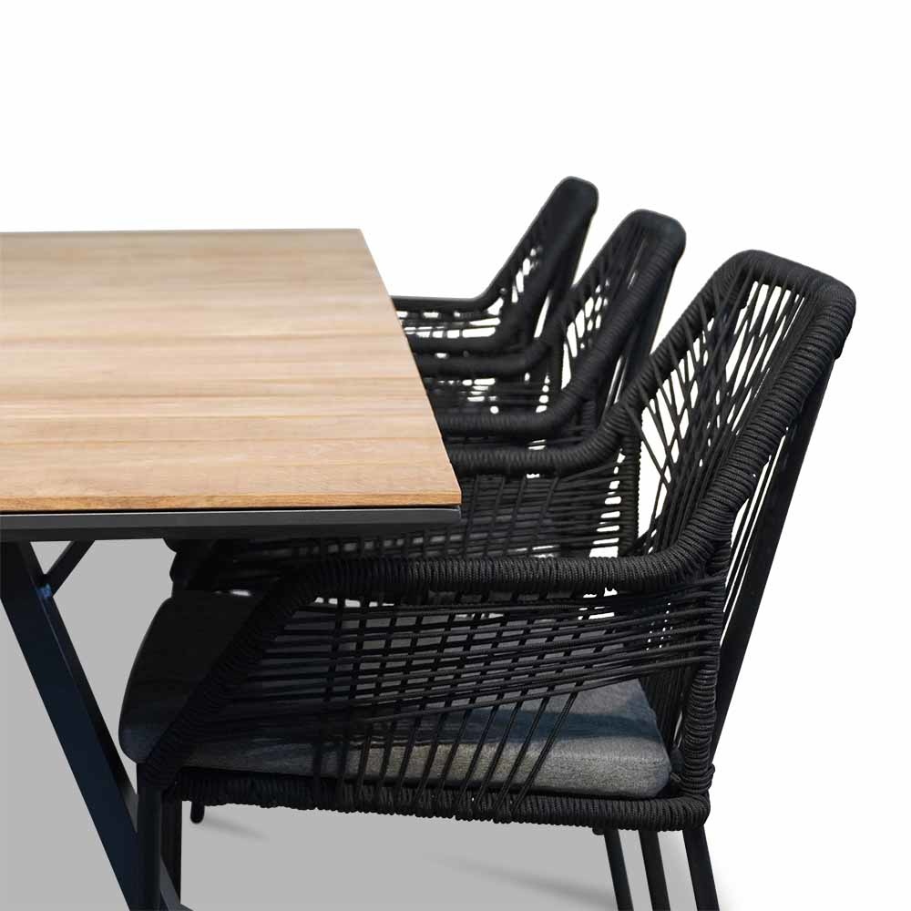 Nevada/Seville zwart dining tuinset 7-delig | teakhout + touw | 238cm