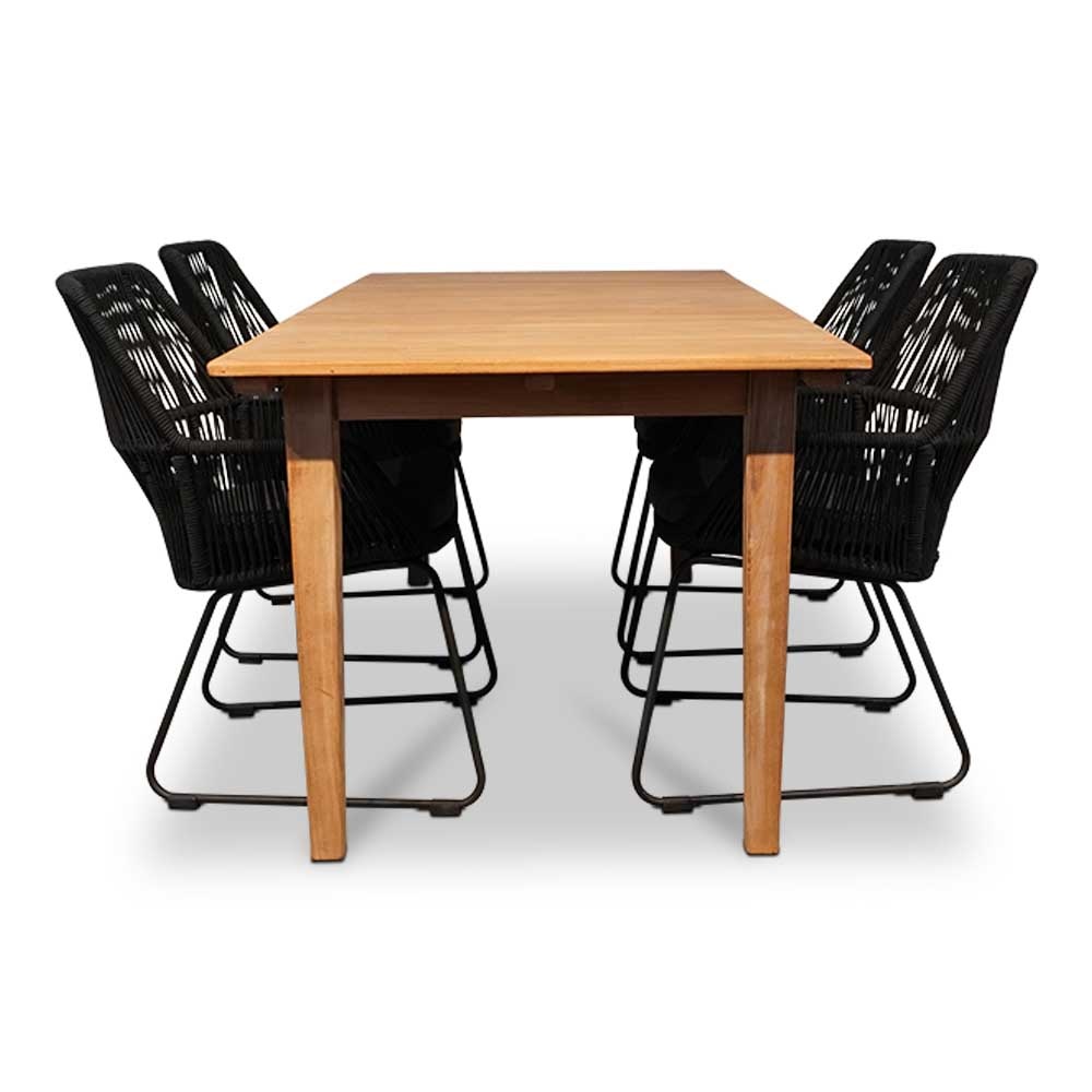 Prestige/Chester zwart dining tuinset 5-delig | teakhout + touw | 200cm