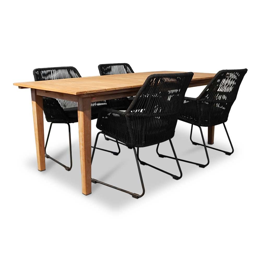 Prestige/Chester zwart dining tuinset 5-delig | teakhout + touw | 200cm