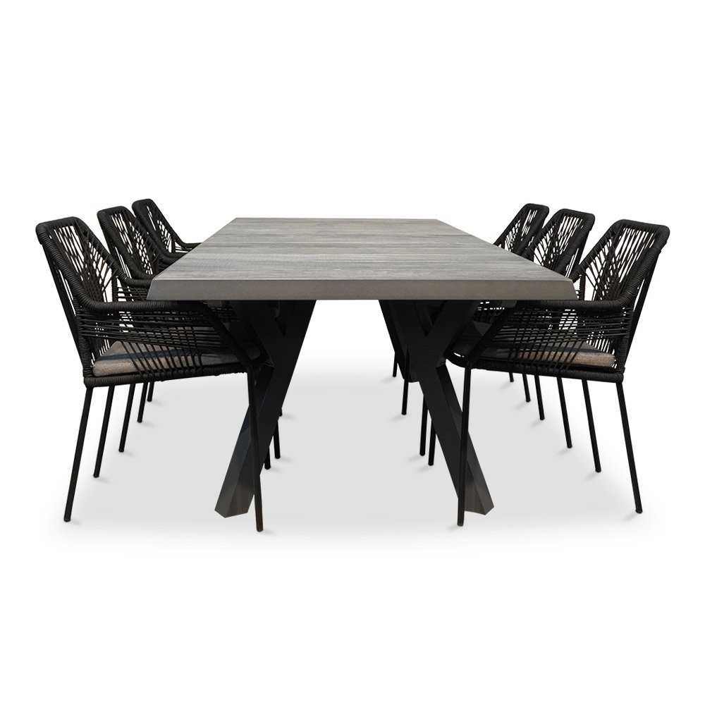 Castilla Negro/Seville zwart dining tuinset 7-delig | keramiek + touw | 247cm