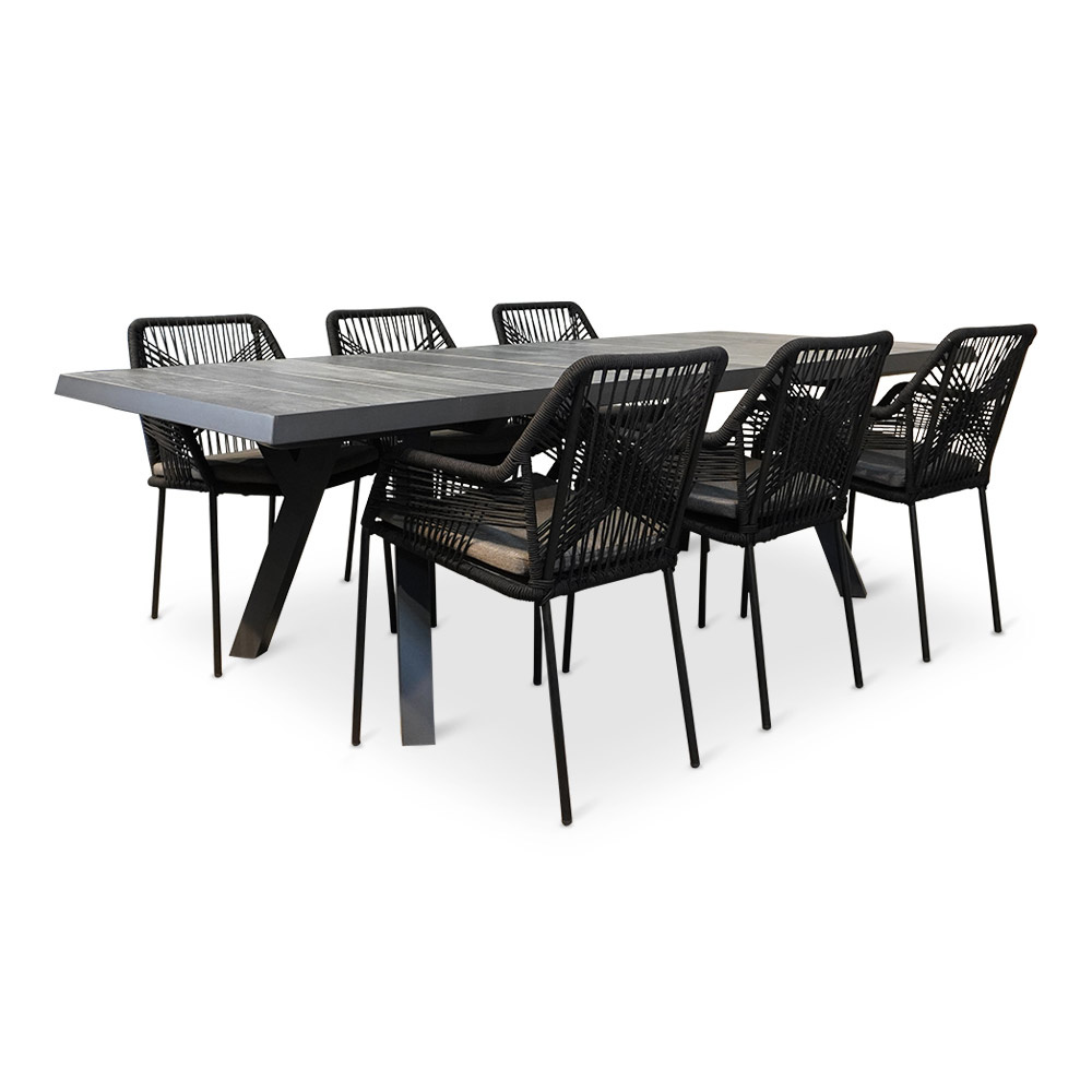 Castilla Negro/Seville zwart dining tuinset 7-delig | keramiek + touw | 247cm