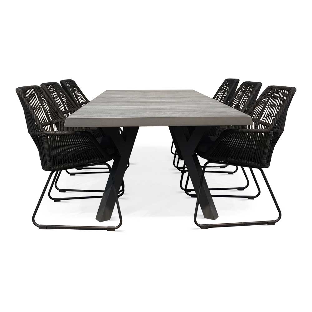 Castilla Negro/Chester zwart dining tuinset 7-delig | keramiek + touw | 247cm