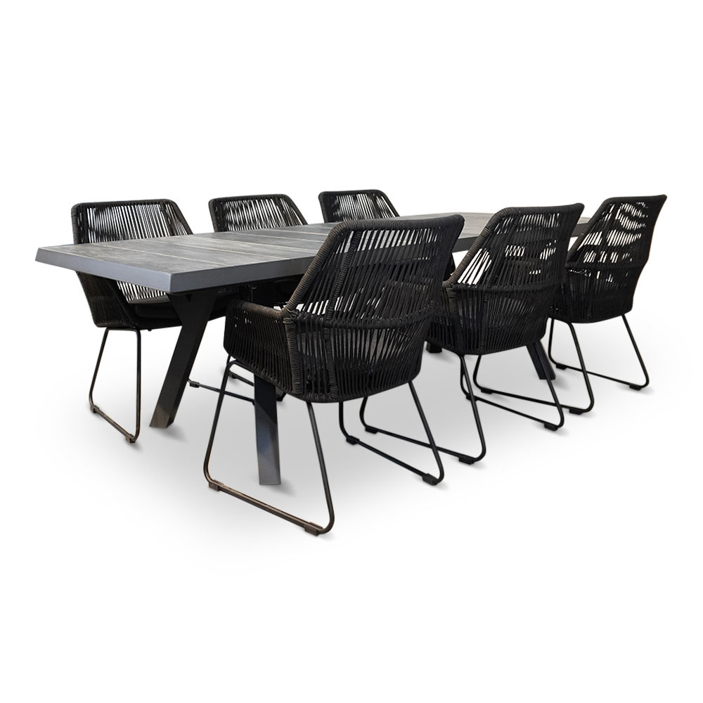 Castilla Negro/Chester zwart dining tuinset 7-delig | keramiek + touw | 247cm