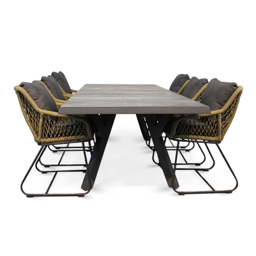 Castilla Negro/Portofino groen dining tuinset 7-delig | keramiek + touw | 247cm