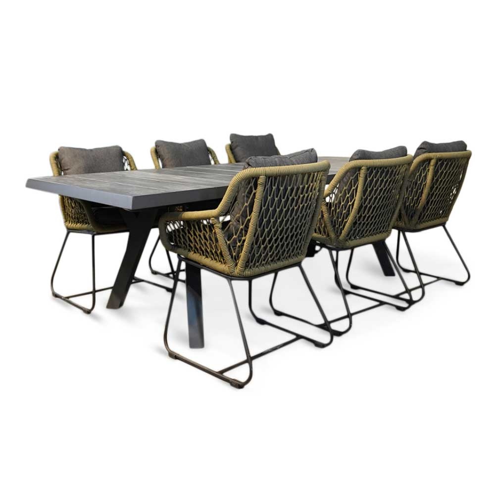 Castilla Negro/Portofino groen dining tuinset 7-delig | keramiek + touw | 247cm