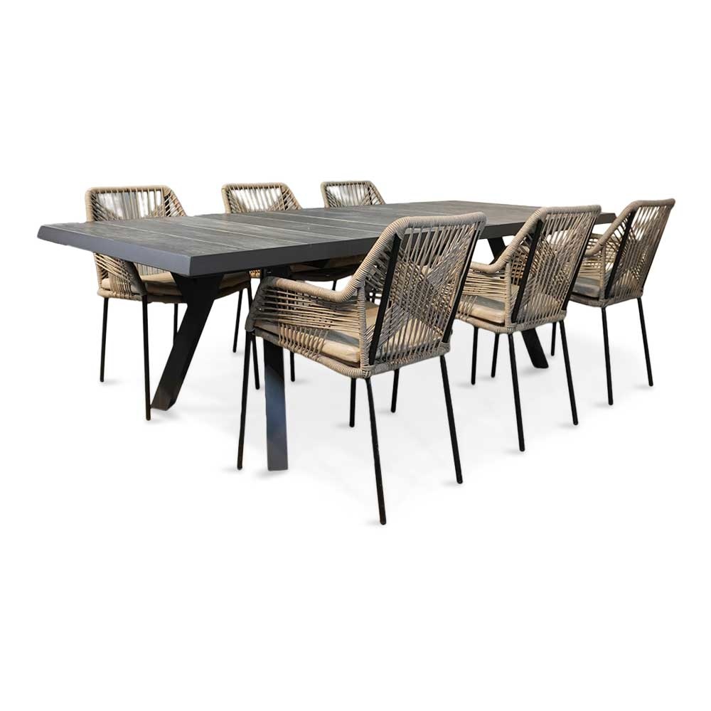 Castilla Negro/Seville zand dining tuinset 7-delig | keramiek + touw | 247cm