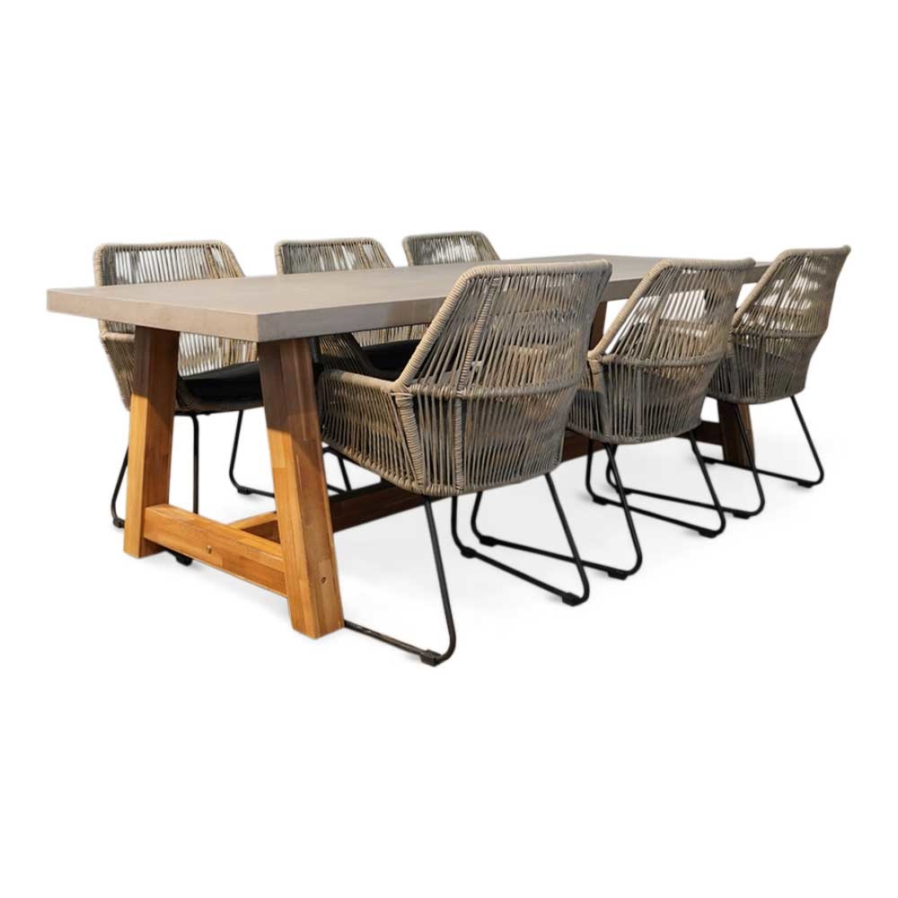 Veltis/Chester zand dining tuinset 7-delig | betonlook + touw | 250cm