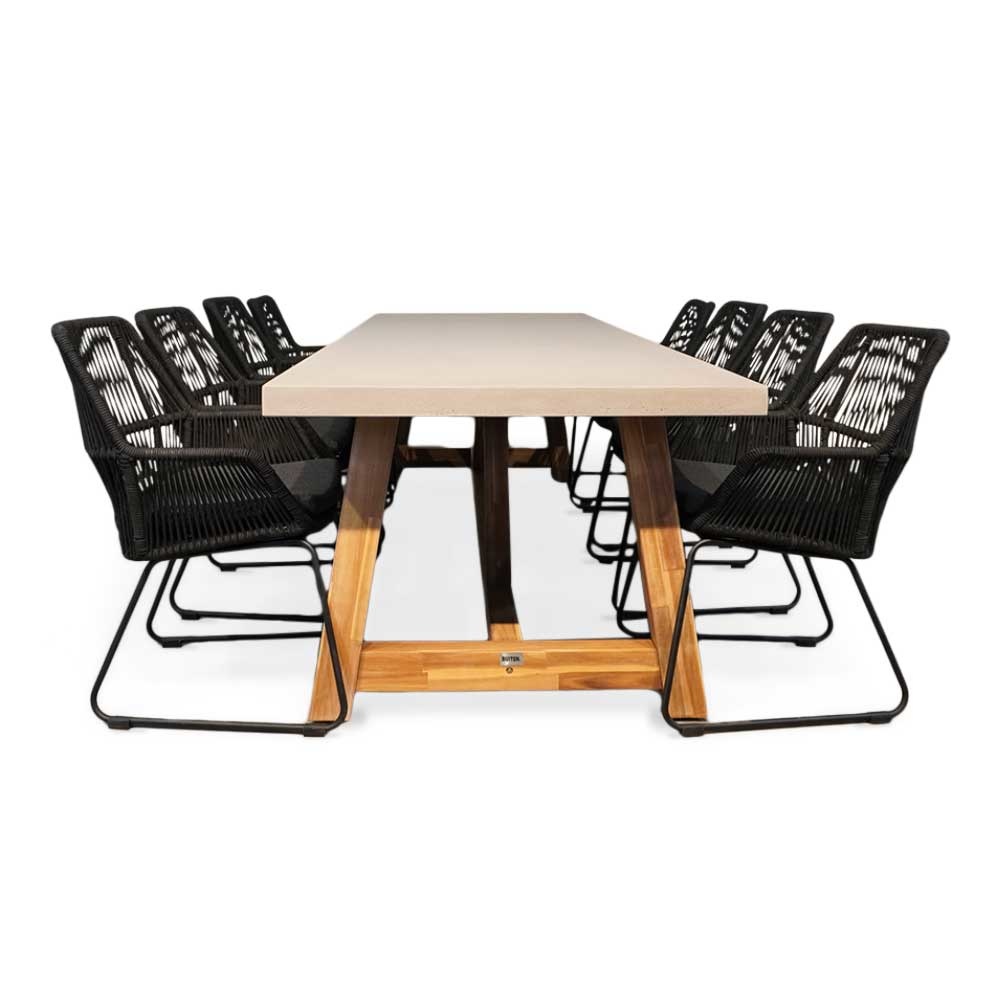 Veltis/Chester zwart dining tuinset 9-delig | betonlook + touw | 300cm