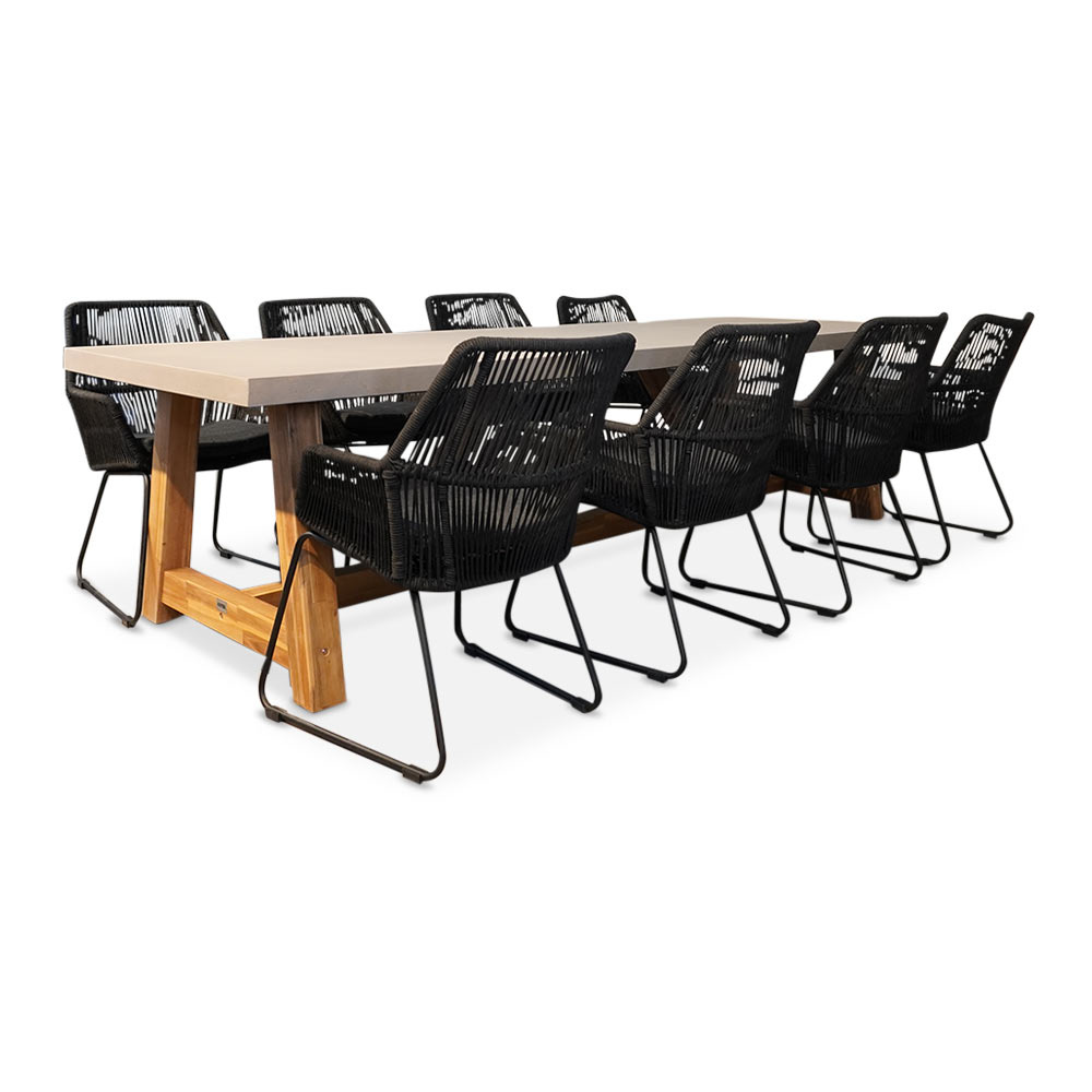 Veltis/Chester zwart dining tuinset 9-delig | betonlook + touw | 300cm