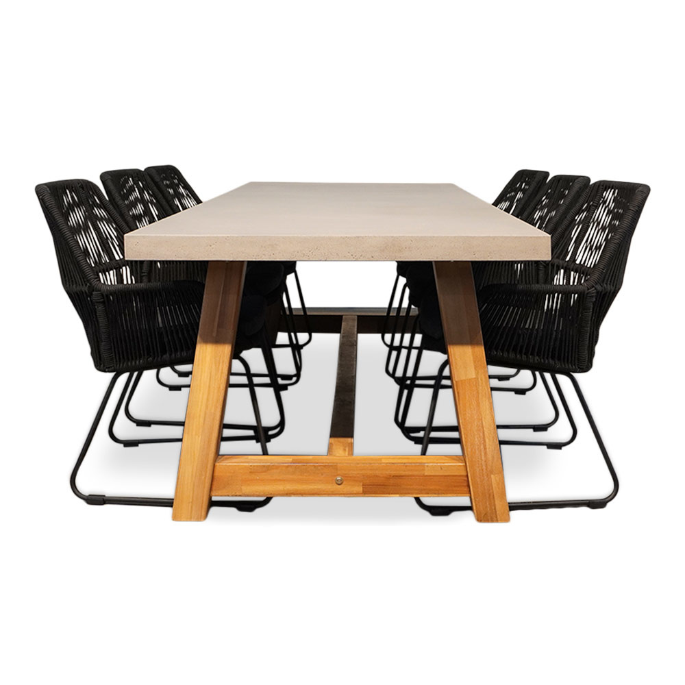 Veltis/Chester zwart dining tuinset 7-delig | betonlook + hardhout | 250cm