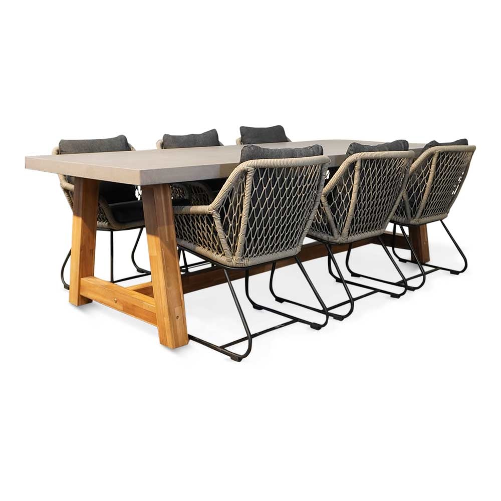 Veltis/Portofino zand dining tuinset 7-delig | betonlook + touw | 250cm