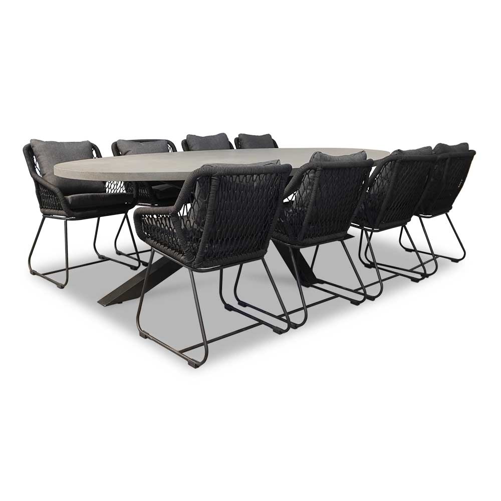 BUITEN living Stockholm/Portofino zwart dining tuinset | 8 personen | betonlook + touw | 280cm – Antraciet
