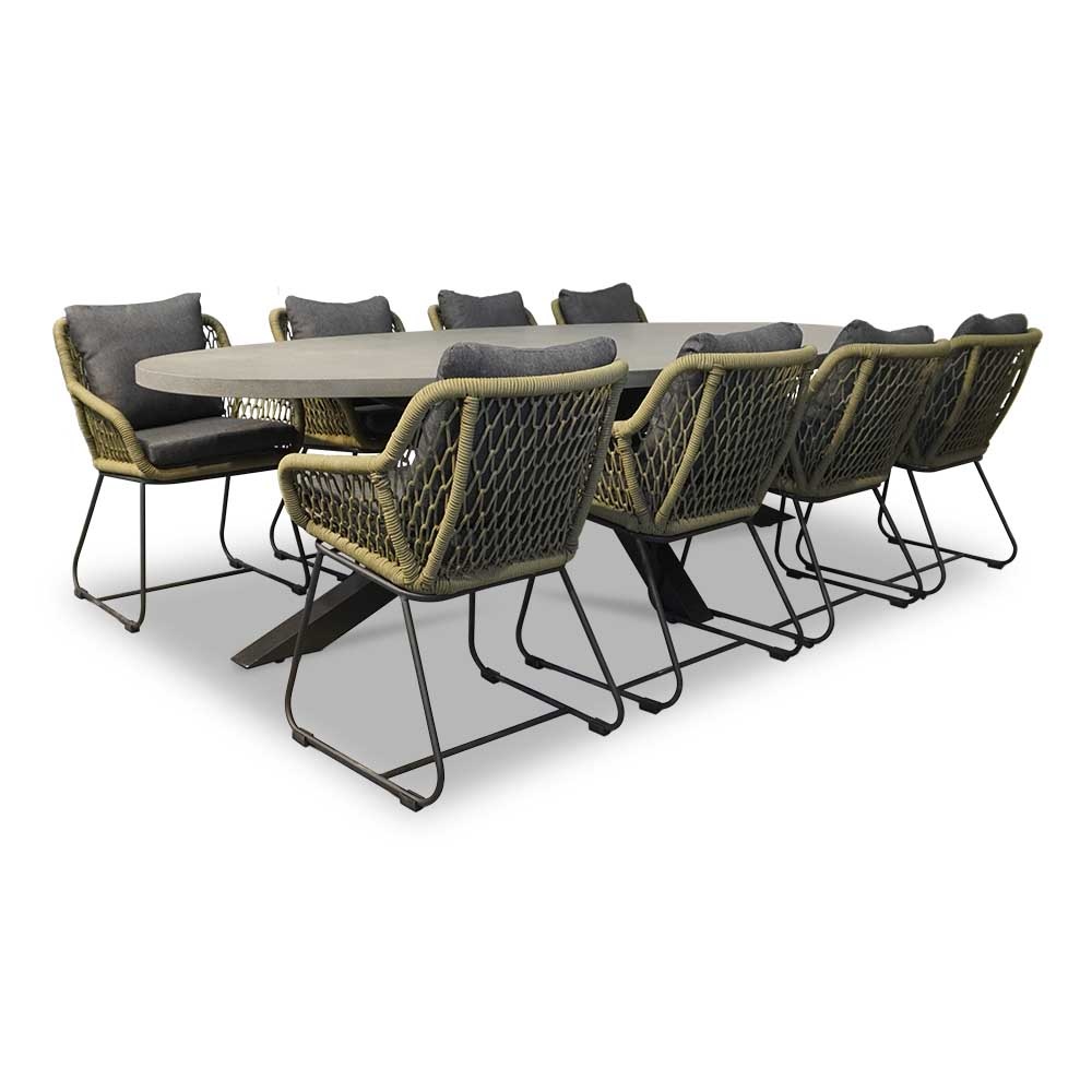 Stockholm/Portofino groen dining tuinset 9-delig | betonlook + touw | 280cm