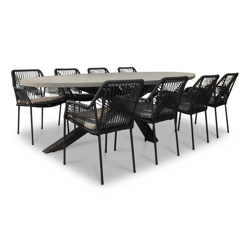 BUITEN living Stockholm/Seville zwart dining tuinset | 8 personen | betonlook + touw | 280cm – Antraciet