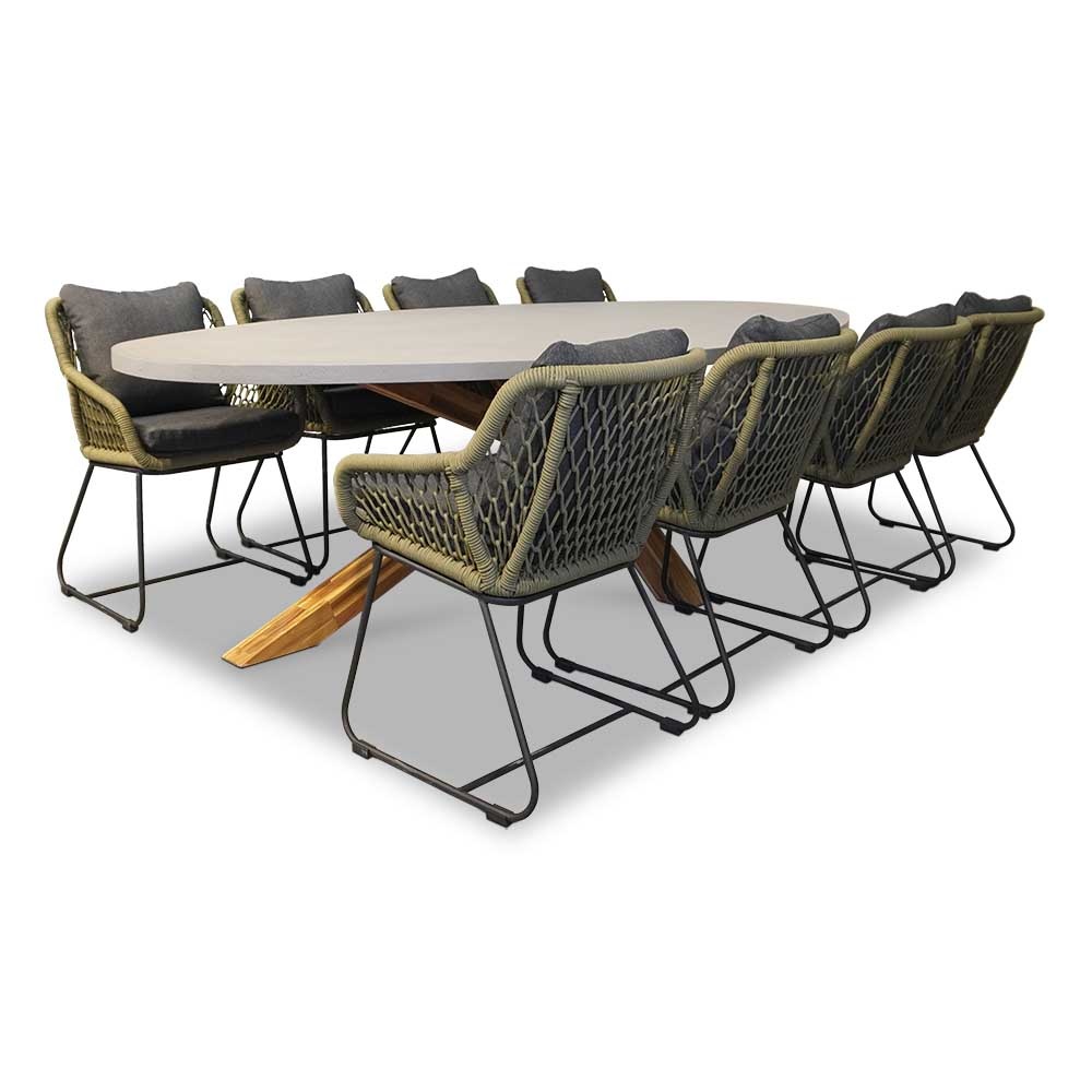 Livorno/Portofino groen dining tuinset 9-delig | betonlook + touw | 280cm
