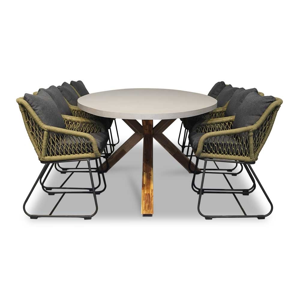 Livorno/Portofino groen dining tuinset 9-delig | betonlook + touw | 280cm