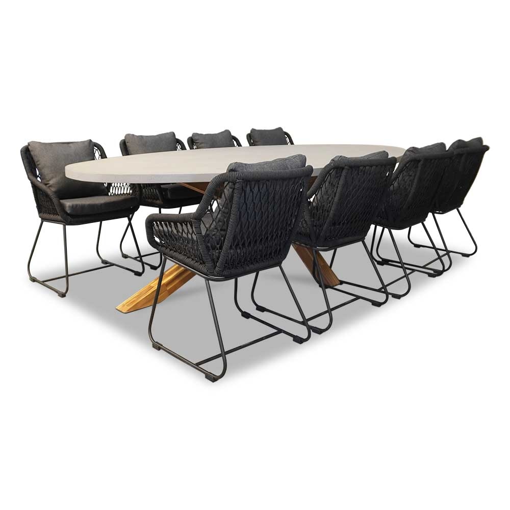 Livorno/Portofino zwart dining tuinset | 8 personen | betonlook + touw | 280cm