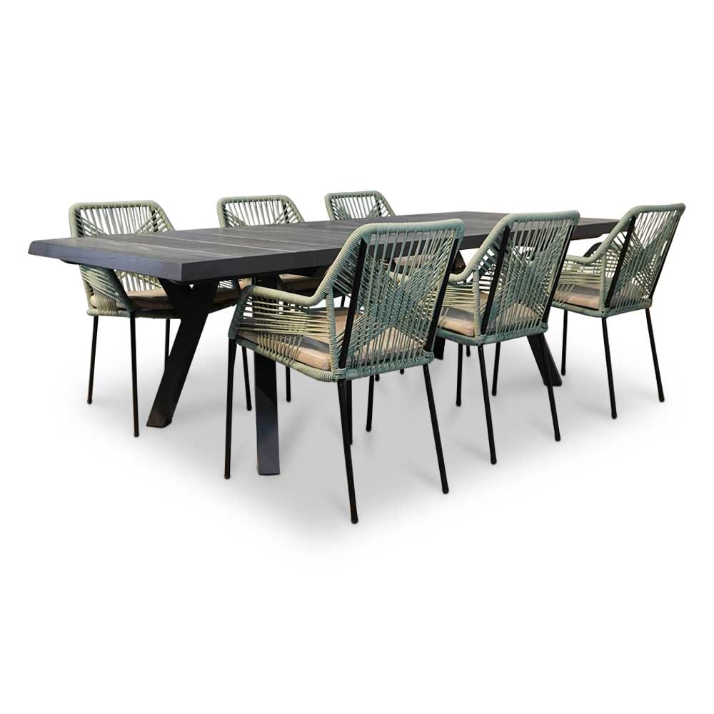 Castilla Negro/Seville mint dining tuinset 7-delig | keramiek + touw | 247cm