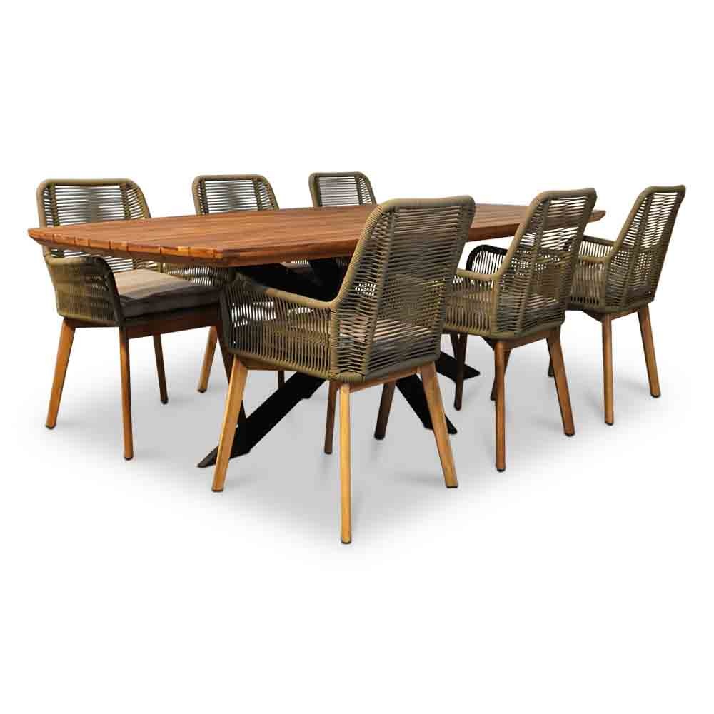 Salo/Padua groen dining tuinset 7-delig | hardhout + touw | 240cm