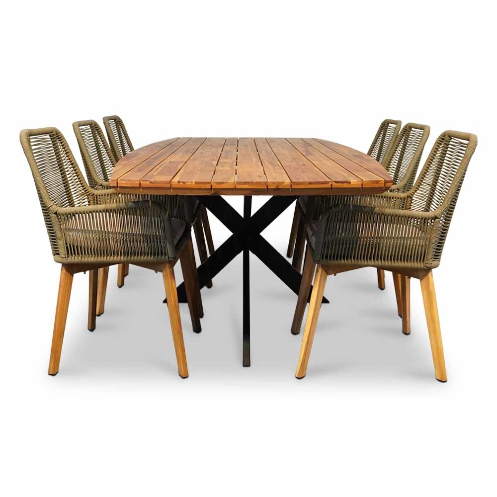 Salo/Padua groen dining tuinset 7-delig | hardhout + touw | 240cm