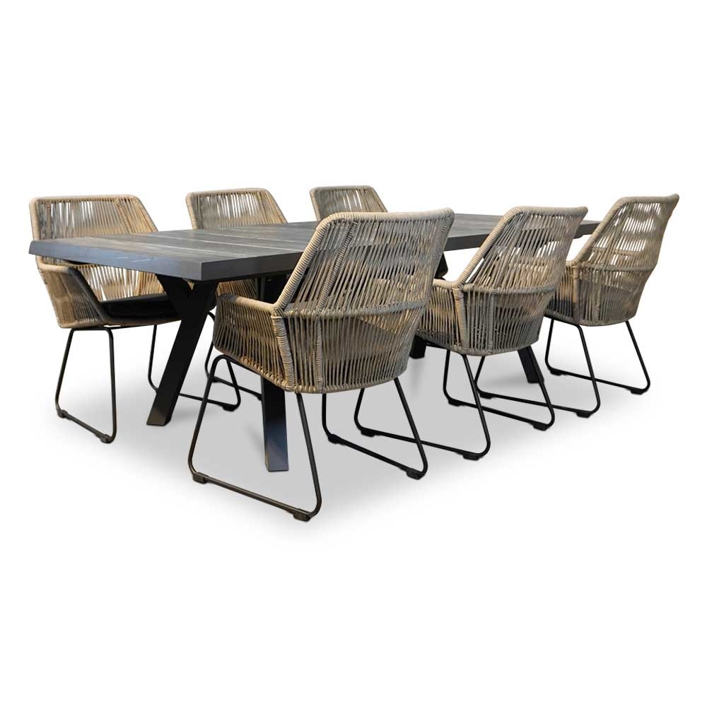 Castilla Negro/Chester zand dining tuinset 7-delig | keramiek + touw | 247cm