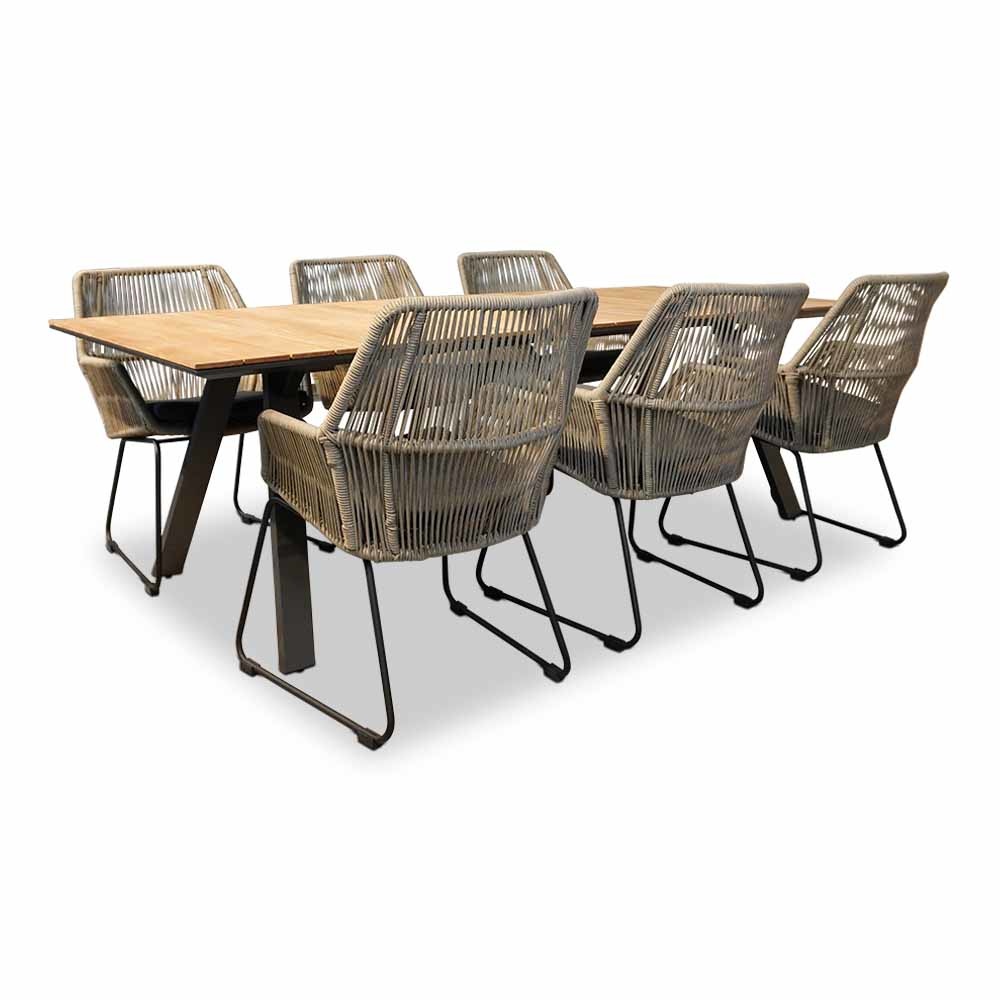 Nevada/Chester zand dining tuinset 7-delig | teakhout + touw | 238cm