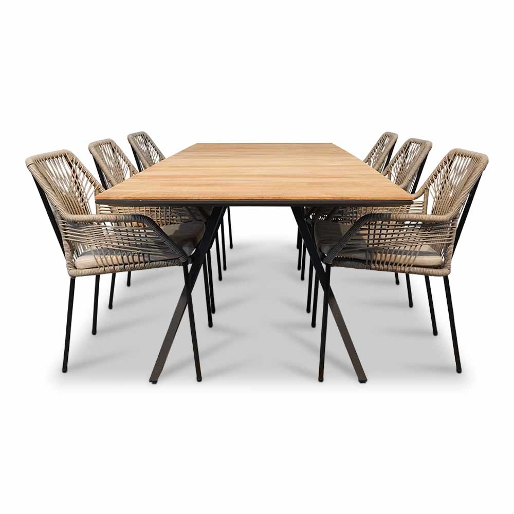 Nevada/Seville zand dining tuinset 7-delig | teakhout + touw | 238cm