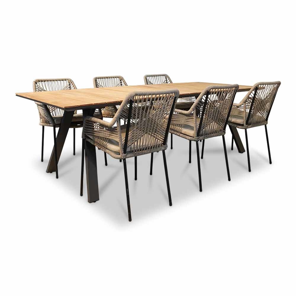 Nevada/Seville zand dining tuinset 7-delig | teakhout + touw | 238cm