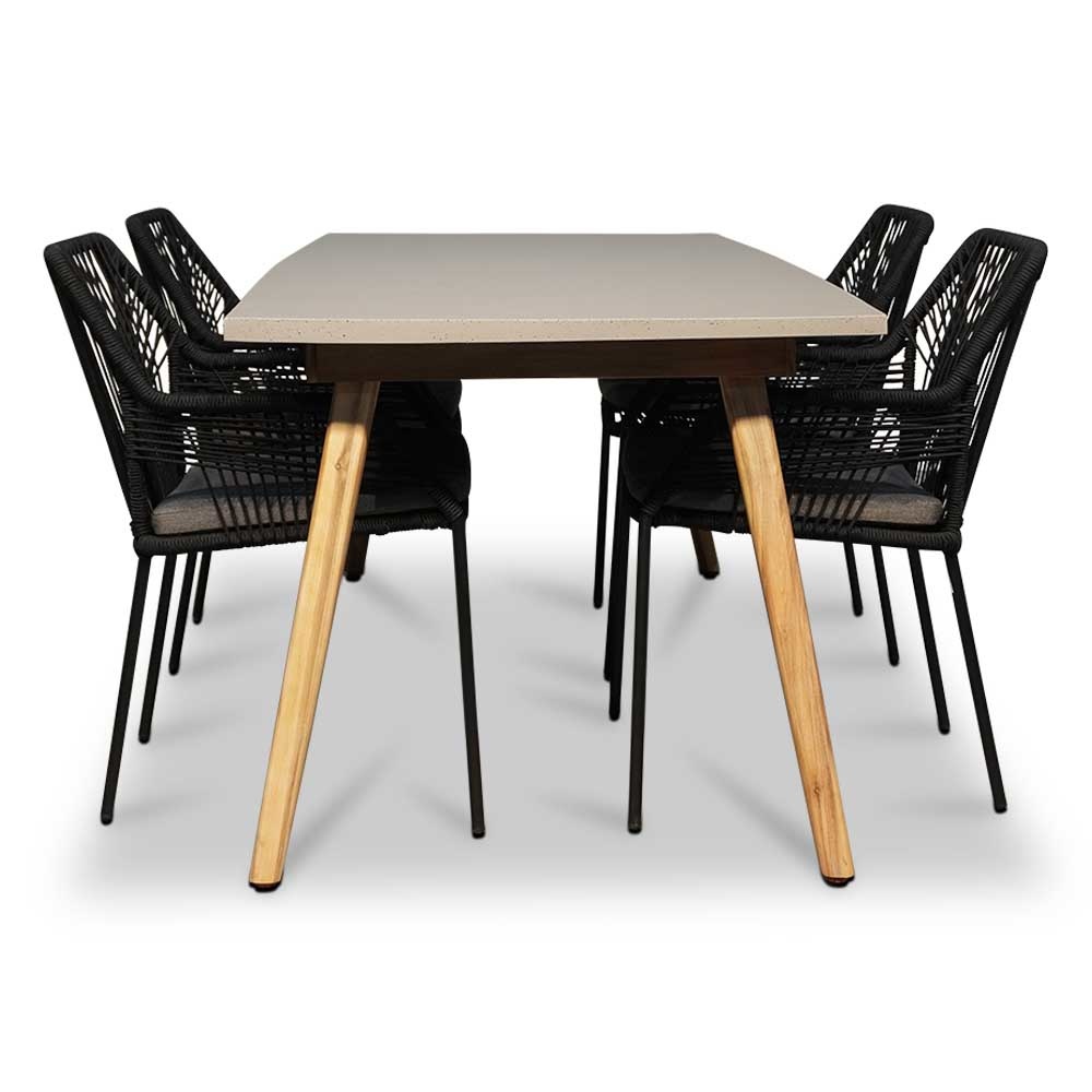 Copenhagen/Seville zwart dining tuinset 5-delig | betonlook + touw | 180cm