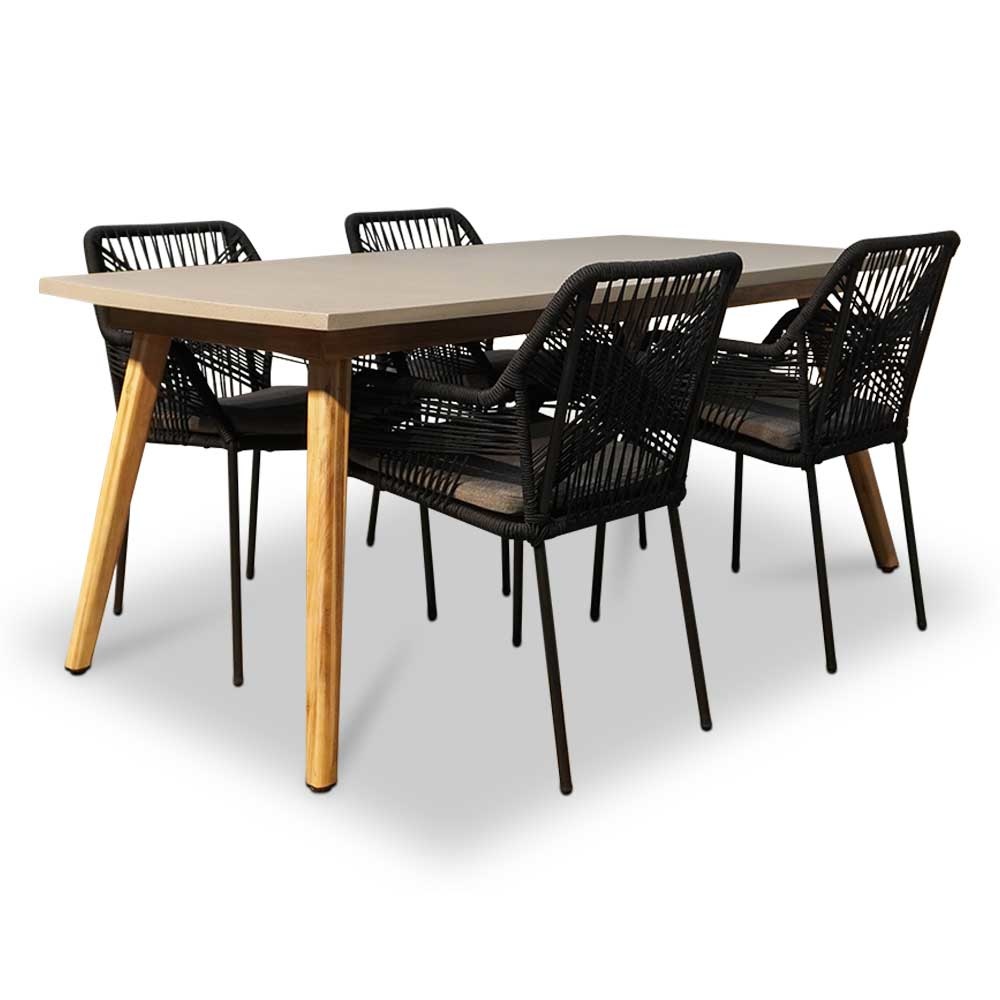 Copenhagen/Seville zwart dining tuinset 5-delig | betonlook + touw | 180cm