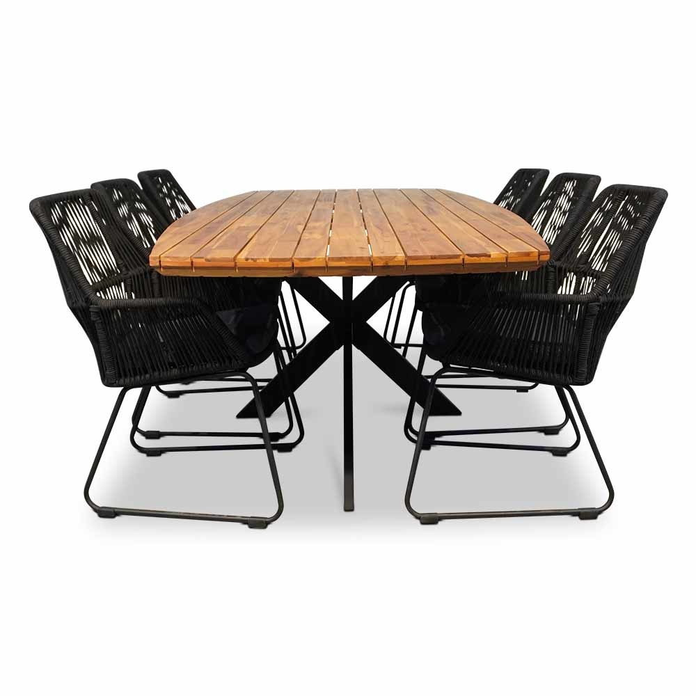 Salo/Chester zwart dining tuinset 7-delig | hardhout + touw | 240cm