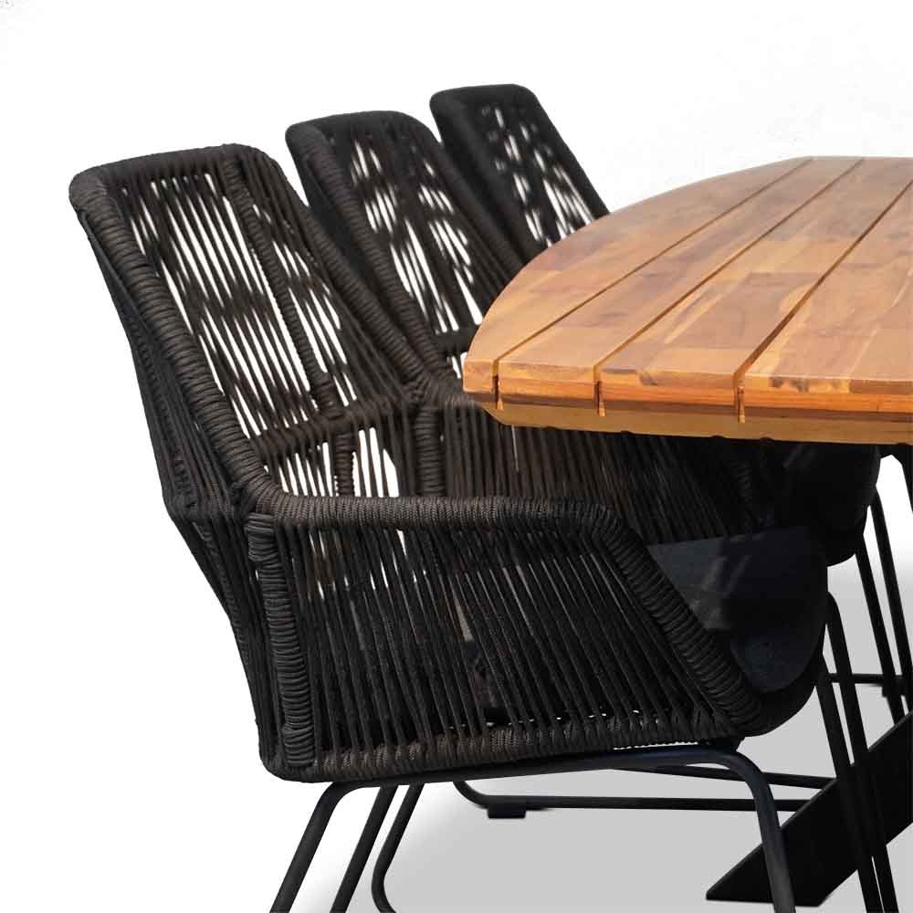 Salo/Chester zwart dining tuinset 7-delig | hardhout + touw | 240cm