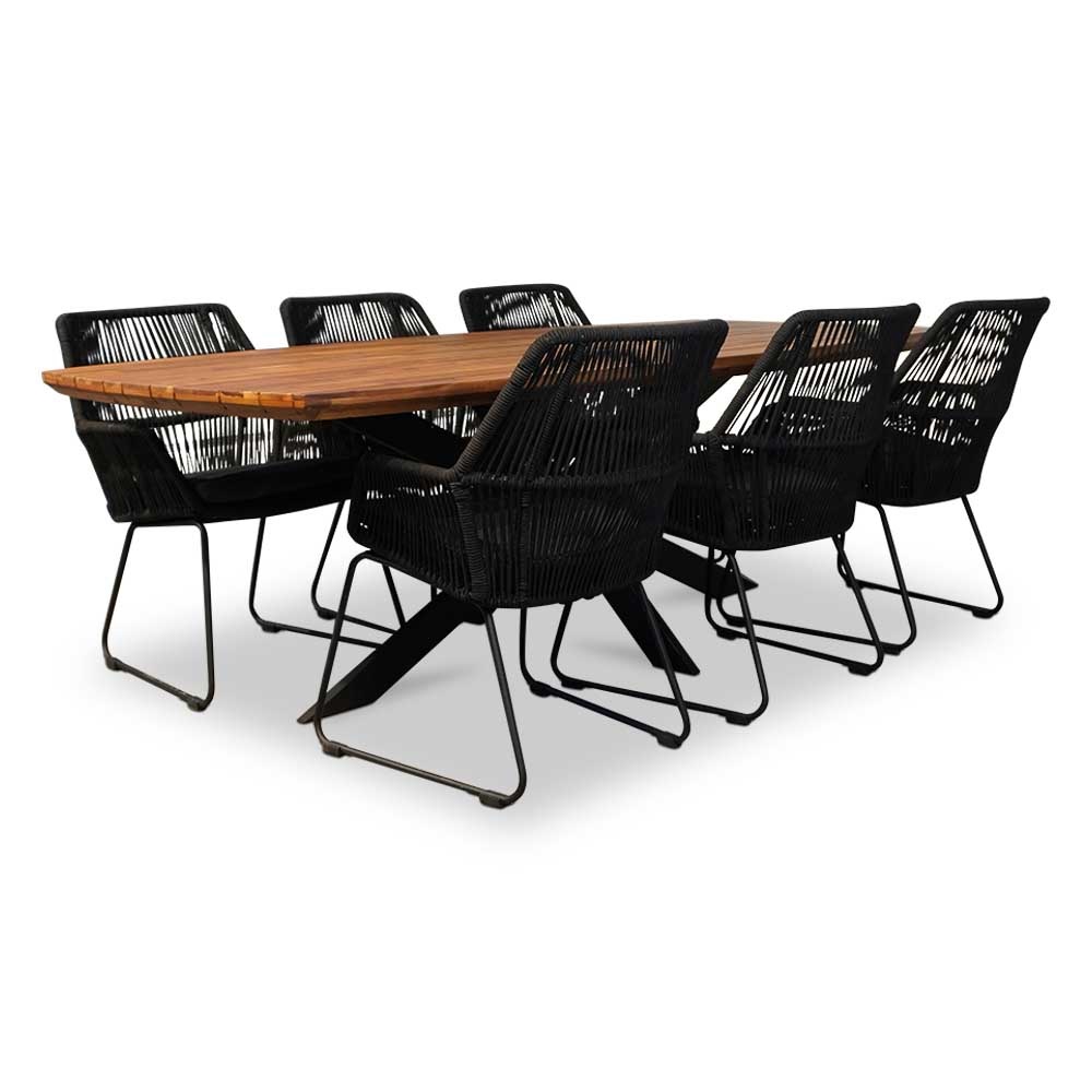 Salo/Chester zwart dining tuinset 7-delig | hardhout + touw | 240cm