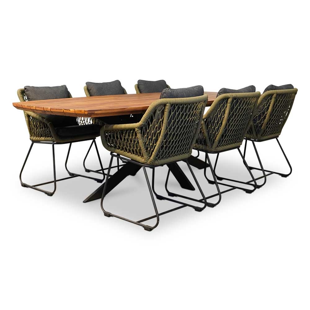 Salo/Portofino groen dining tuinset 7-delig | hardhout + touw | 240cm